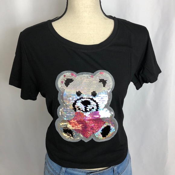Black Teddy Bear Embroidered T-Shirt NWT - Picture 3 of 5